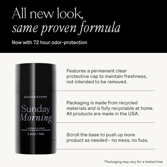 Each & Every Aluminum Free Deodorant for Women & Men, Lavender & Lemon + Coconut & Lime - All Natural Deodorant for Sensitive Skin, EWG Verified - Clean, Baking Soda-Free, Plant-Based - 2.5oz, 2 Pack