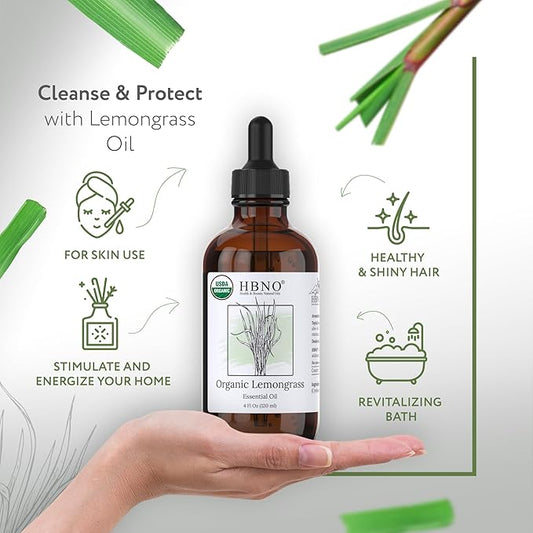 HBNO Organic Lemongrass Essential Oil - Huge 4 oz (120ml) Value Size - USDA Certified Organic Lemongrass Essential Oil, Perfect for Aromatherapy, Soap Making, DIY, Diffuser