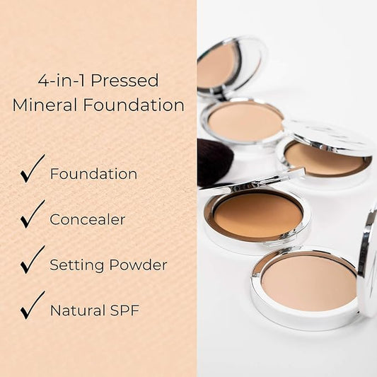 4-in-1 Pressed Foundation Powder with Natural SPF, Concealer & Finishing Powder, Medium to Full Coverage Foundation, Mineral-Based Powder (Angelina, .35 oz)
