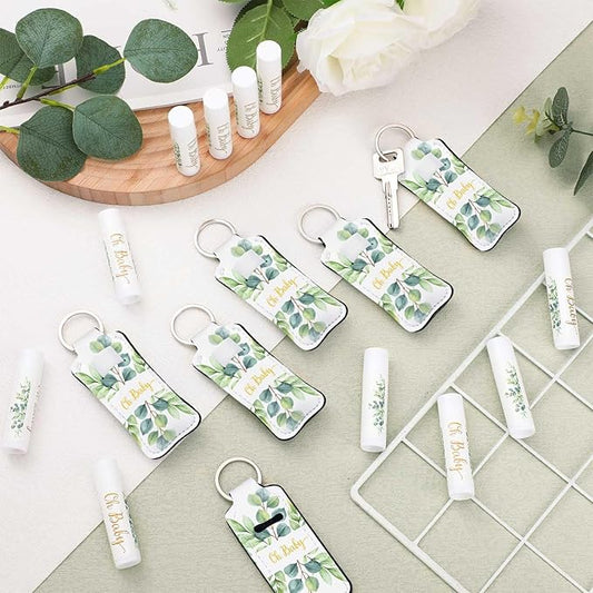 18 Sets Baby Shower Bridal Shower Favors for Guests Bulk Lip Balm and Lipstick Holder Keychains Set Baby Shower Bridal Shower Goodies Bags Thank You Gifts for Guests(Eucalyptus Baby)