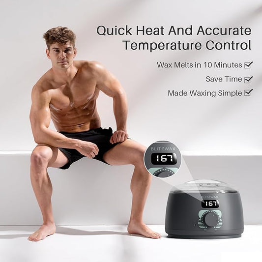 BLITZWAX Back and Nose Waxing Kit for Men, Hard Wax Warmer for Brazilian, Body and Face, At Home Hair Removal Kit, Beginner Friendly, Quick Heating, 93 Accessories, Charcoal Grey
