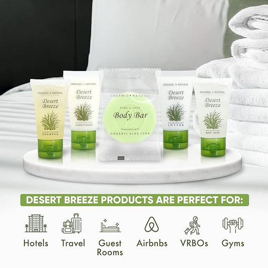 Desert Breeze Hotel Soaps and Toiletries Bulk Set | 1oz Hotel Shampoo & Conditioner, Body Wash, Body Lotion & Bar Soap | Full Pallet 49 cases with 300 units each - 14,700 pieces