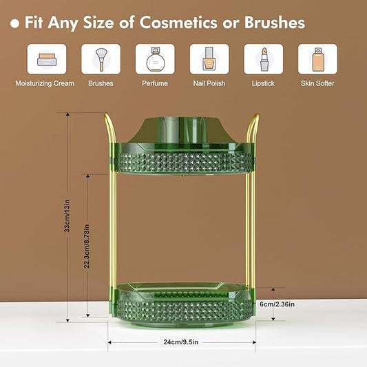 Awenia Rotating Makeup Organizer 360, Stackable Adjustable Large Capacity Cosmetic Storage Unit,Dresser Bathroom Kitchen Countertop Organizer with Metal Handle, Plus Size (Gem Green, 2 Tier)