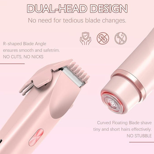 Bikini Trimmer for Women, 2 in 1 Dual-Head Electric Razors for Women Pubic Hair, Waterproof Wet/Dry Use Body Hair Trimmer Face Shaver, Rechargeable Hair Removal for Bikini Legs Face Underarm Arm Back