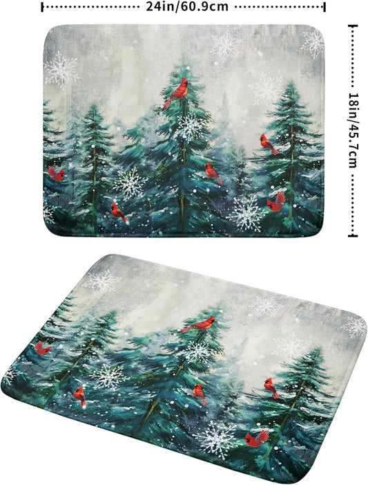 Pine Tree Dish Drying Mat for Kitchen Countertop Red Bird Dishes Mats Winter Decorative Absorbent Reversible Drainer Rack Pad 18x24 Inch