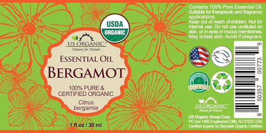US Organic 100% Pure Bergamot Essential Oil, USDA Certified Organic, Cold Pressed, with Euro droppers (More Size Variations Available) (30 ml / 1 fl oz)