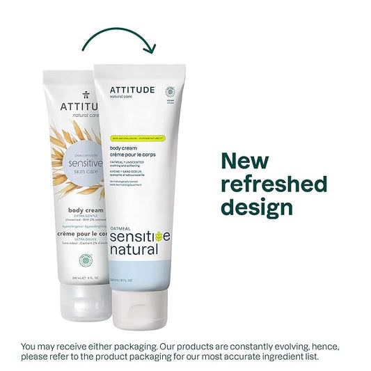 ATTITUDE Body Cream for Sensitive Skin with Oat, EWG Verified, Dermatologically Tested, Vegan, Extra Gentle, Unscented, 8 Fl Oz