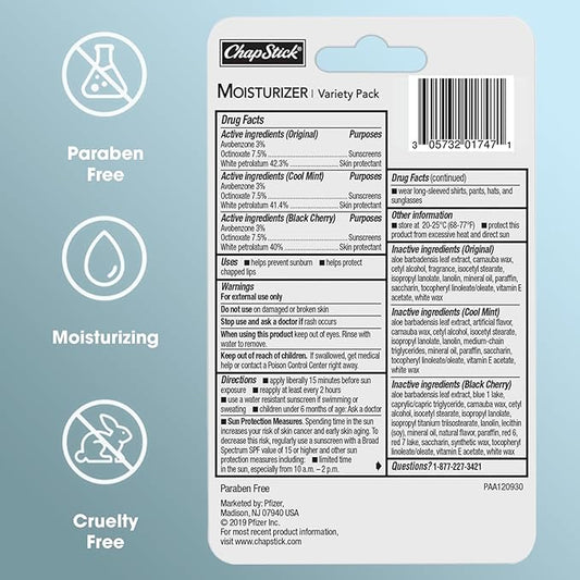 ChapStick Moisturizer Original, Black Cherry and Cool Mint Lip Balm Tubes Variety Pack, SPF 15 and Skin Protectant - 0.15 Oz (Pack of 3)