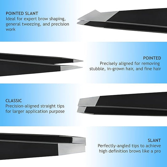Tweezers Set - Professional Stainless Steel Tweezers for Eyebrows - Great Precision for Facial Hair, Splinter & Ingrown Hair Removal - Tweezers for Women & Men with Travel Case