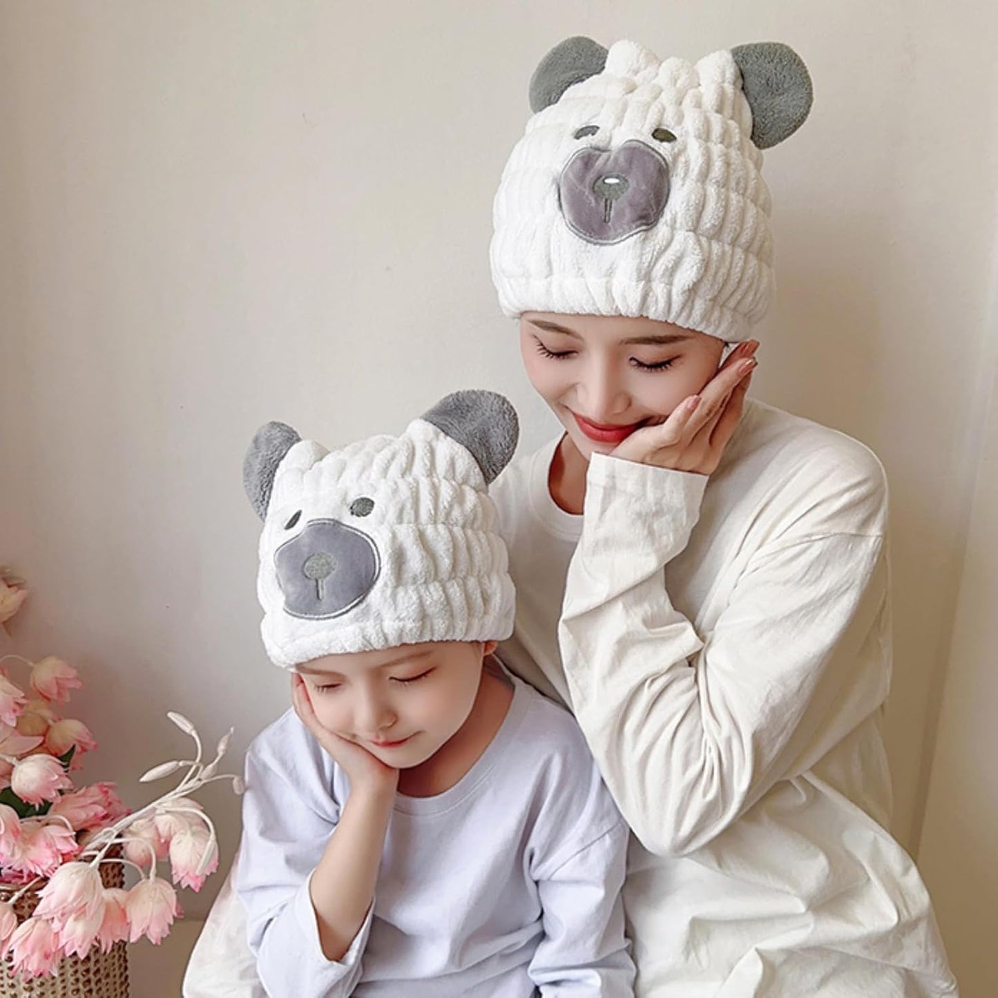 Microfiber Hair Towel Wrap for Kids, White Bear Dry Hair Cap Suck Water, Absorbent Quick Girls Boys Hair Drying Towel, Lightweight Bouncy Hat Headscarf for Wet Hair