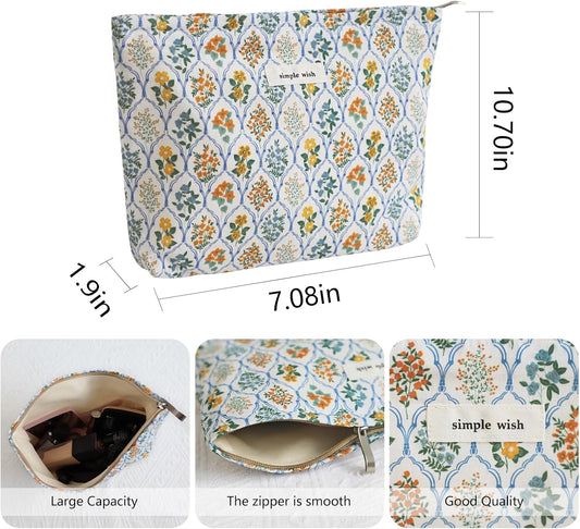 Wudygirl Cute Makeup Bag for Women - Travel Cosmetic Bag with Zipper Makeup Pouch Floral Make up Organizer Handbag Aesthetic (Blue Striped Floral)
