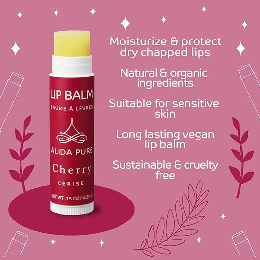 Cherry Lip Balm Collection, Vegan Lip Balm Set, Beeswax Free, with Avocado Oil, Organic Jojoba Oil, and Vitamin E, Natural Moisturizer for Dry, Chapped Lips, 3 Tube Set