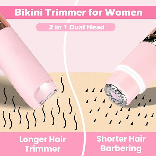 Bikini Trimmer for Women, Glow Aura Womens Shaver, Quiet Dual Head Waterproof Cordless Rechargeable Painless Trimmer for Underarms, Legs, Body (Pink)