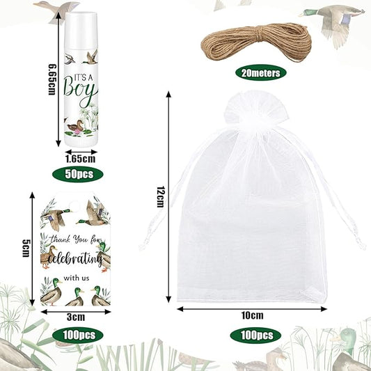Demissle 50 Pcs Baby Shower Lip Balm Gift Set with 100 Pcs Organza Bags Baby Shower Party Favor for Guest Thank You Tag Rope Baby Shower Party Decoration Gender Reveal Souvenirs (Mallard)