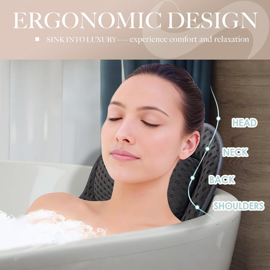 Bath Pillow for Tub, 4D Air Mesh Breathable Fabric, Soft Supportive Bathtub Cushion for Head Neck Back, Ergonomic Spa Pillow with Strong Suction Cups, Quick-Drying, Machine Washable (Gray)