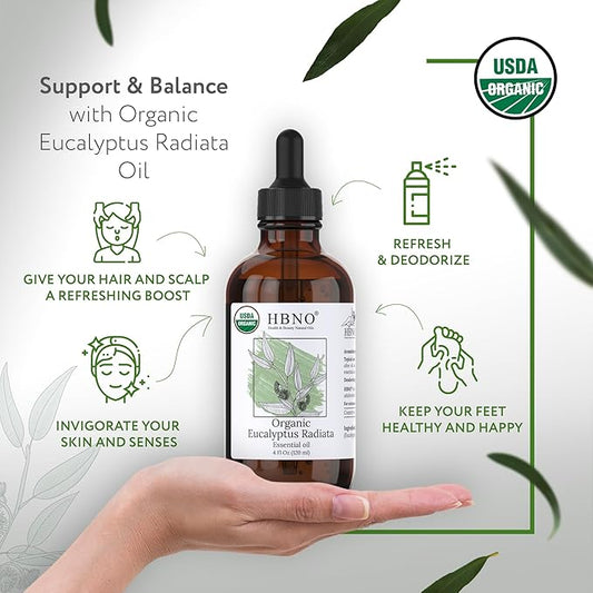 HBNO Organic Eucalyptus Radiata Essential Oil - 4 oz (120ml) - USDA Certified Organic Eucalyptus Radiata Essential Oil, Soap Making, DIY, Fragrances, Diffuser
