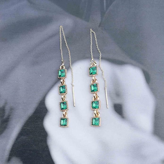 Vintage Crystal Emerald Threader Earrings Emerald Square Stud Earrings Long Chain Tassel Dangle Earrings Gold Bar Pull Through Earrings Jewelry for Women