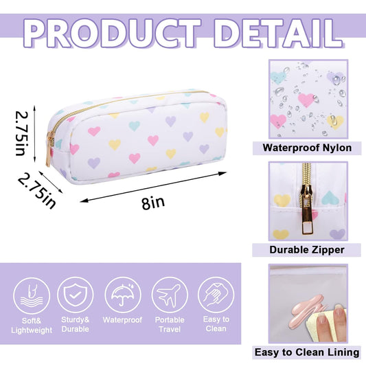 Small Pencil Case Makeup Bag for Purse, Cute Pencil Pouch Nylon Preppy Makeup Brush Bag with Zipper, Girls Portable Stationery Storage Case for Office School College(Slim-White Heart)