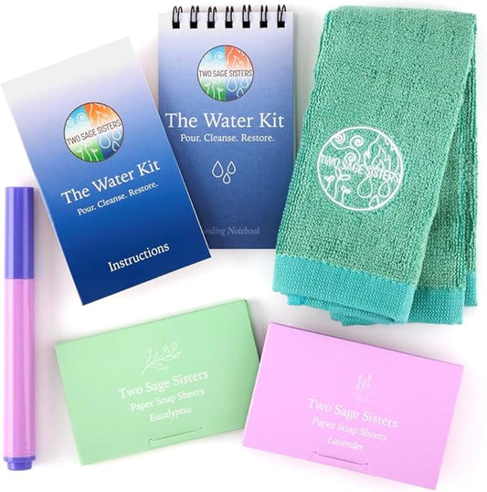 The Water Kit by Two Sage Sisters - Self Care Kit with Soap Sheets, Notebook, Marker, and Washcloth, Bath Shower Sets for Meditation and Relaxation, Mini Spa Kit Self Care Box for Women and Men