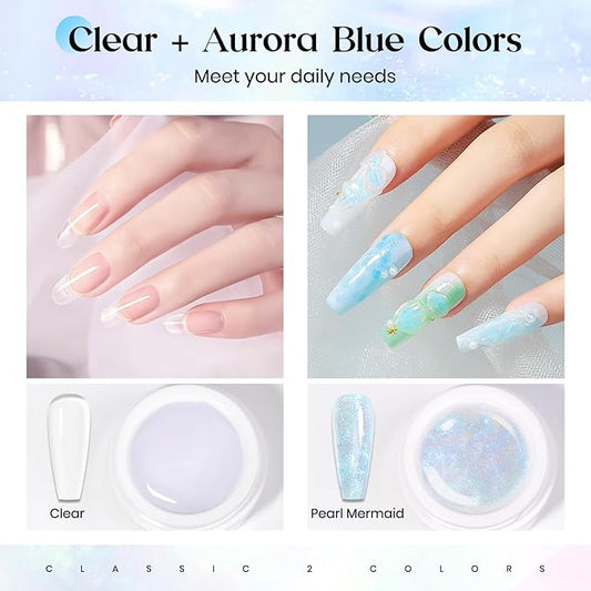 MIZHSE Non-Sticky Solid Builder Gel, Aurora Blue and Clear Sculpting Gel for Nails, Mermaid Pearl Building Carving Modeling Hard Extension 3D Nail Art Salon Home DIY