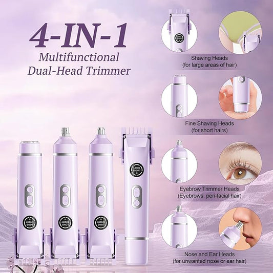 Bikini Trimmer for Women, 4 in 1 Wet/Dry Electric Razors for Women - Dual Head, Painless Rechargeable Portable Womens Razors for Shaving Set for Face, Nose, Eyebrows, Armpits, Bikini Area (Purple)
