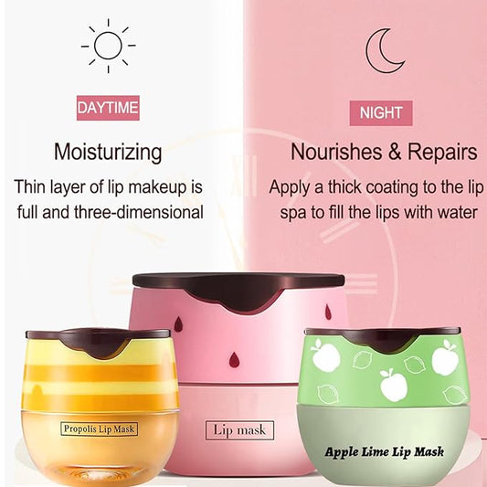 3 PCS Bee Lip Balm Lip Mask Honey Pot, Honey & Strawberry & Apple Lime Lip Mask Overnight Propolis Moisturizing Lip Balm with Stick,Hydrating Repair Lip Sleeping Mask,Prevention Dry and Cracked