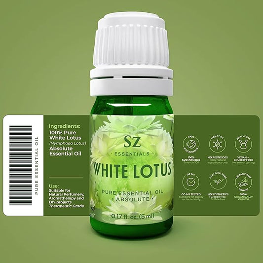 White Lotus 100% Pure, Essential Natural Oil - Extracted from Nymphaea Lotus - Rich & Sweet Scent, with Exotic Floral Overtones - Therapeutic Grade & Vegan - 0.17 fl oz (5ml)