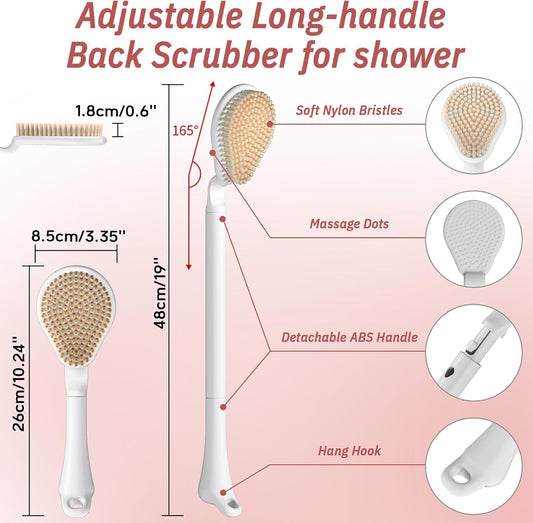Back Scrubber for Shower, 19’’ Detachable Long Handle Shower Body Scrubber for Wet or Dry Brush, Adjustable 2-in-1 Back & Body Brush with Medium Soft Bristles for Deep Cleaning(Pink)