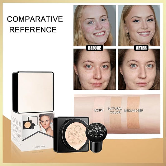 Air Cushion CC Cream Mushroom Head - Moisturizing & Oil Control Screw Lid Concealer Makeup Base, Primer Liquid Foundation Long Lasting with Mushroom Makeup Sponges for All Skin Types (Natural)