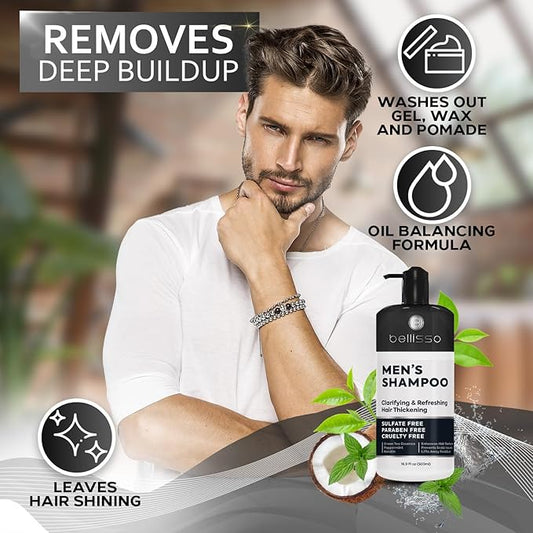 Shampoo for Men - Tea Tree Oil and Peppermint - Sulfate Free, Paraben Free - Clarifying, Refreshing, Volumizing & Moisturizing Hair Thickening Formula - Ideal for Oily Hair, Dry Scalps and Build Up