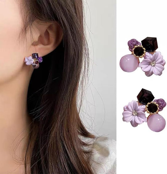 Boho Amethyst Flower Drop Earrings Vintage Purple Rhinestones Flora Petal Earrings Statement Purple Rose Studs Wedding Prom Geometric Crystal Flower Earrings Jewelry for Women