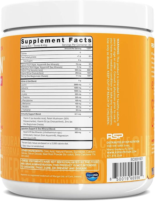 AminoLean Hydrating Electrolyte Powder and Recovery Drink with Sea Minerals, Nootropic Mushrooms, and Vegan Amino Acids, BCAAs + EAAs for Post Workout Muscle Building, Blood Orange