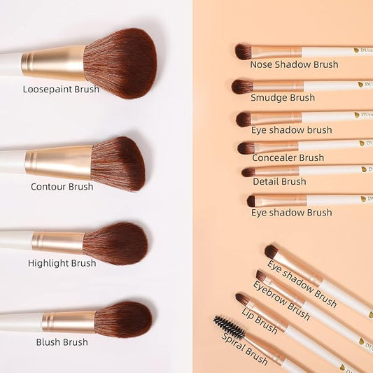 DUcare Makeup Brushes with Bag - 14Pcs Professional Synthetic Make Up Brushes Set for Blush Concealer Foundation Bronzer Powder Eyebrow Contour Eyeshadow Blending Makeup Brush Set Mekaup bag, White