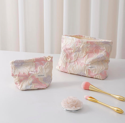 2 Pcs Makeup Bags, Large Cosmetic Bag Travel Toiletry Bag Organizer for Women, Embroidery Craft, Floral Makeup Bag Small Cosmetic Pouch Purse with Zipper Gifts for Girls Teen