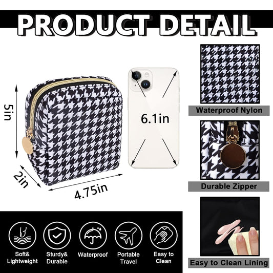 Mini Makeup Pouch for Purse, Small Cosmetic Bag Pouch Nylon Travel Toiletry Organizers for Women Girls, Cute Storage Zipper Pouch Coin Purse for School Work Camping(Mini-Houndstooth)