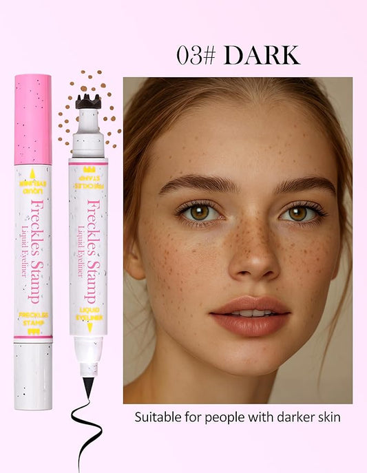 Erinde Waterproof Freckle Stamp Pen, Dual Ended Fake Freckle & Black Liquid Eyeliner, Long Lasting Quick Dry Faux Freckles Stamp Freck Pen for Natural Sunkissed Makeup, 03 Dark