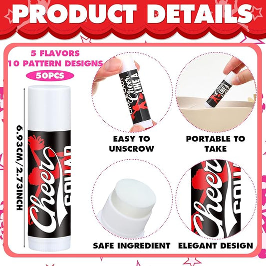 50 Sets Cheer Gifts Bulk 50 Cheer Lip Balm Bulk Moisturizing with 50 Organza Drawstring Gift Bags 50 Tags Cheerleader Gifts Cheer Gifts Bulk for Team (Red)