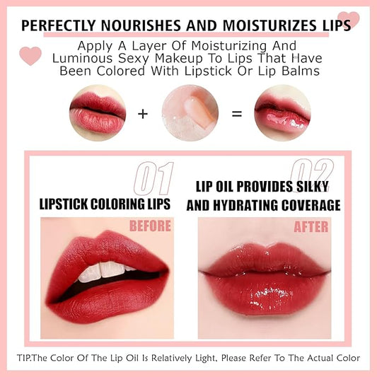 2PCS Lip Oil Set, Hydrating Lip Glow Oil Lip Plumper Gloss, Tinted Lip Oils Transparent Long Lasting Non-sticky Lip Gloss, Plumping Lip Gloss Lip Care Kit (Raspberry & Cherry)