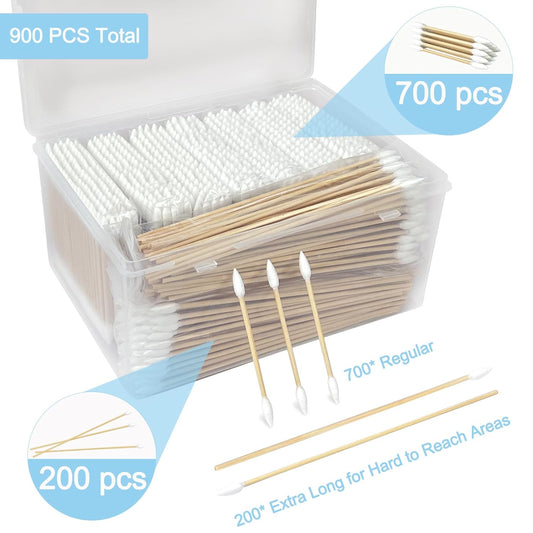 900 Pcs Precision Tip Cotton Swabs with Sturdy Bamboo Sticks, 700 Pcs Double Pointed Tip Cotton Swabs & 200 Pcs Long Cotton Swabs for Makeup, Nails, Crafts, Gun Cleaning