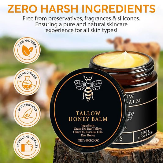 Tallow Honey Balm for Face Organic,Crema Cebo De Res Original,Handmade Tallow and Honey Balm for Face,Body,Sebo De Res Para La Cara,Based Supplies Tallow and Ho ney Bal m for Smooth Skin (2 Bottle)