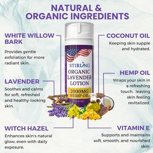 STIRLING Lavender Lotion – Organic Lavender with 2000mg Hemp Oil, Aloe Vera, and Vitamin E – Nourishing and Moisturizing Body Lotion for a Soft and Smooth Feel