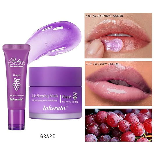 2Pcs Lip Glowy Balm and Lip Sleeping Mask Set, with 4 Flavor Options - Reduce Lip Lines, Enhance Lip Color, Hydrate & Plump Dry Chapped Lips Care (Grape)