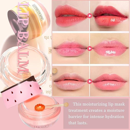 Bee Lip Balm Honey Pot, 4 PCS Strawberry & Honey Lip Masks Hydrating Prevention Dry and Cracked Lip Scrubs Exfoliator,Lip Sleep Mask Reduces Lip Lines,Lip Exfoliating Bee Lip Balm Sleeping Lip Mask