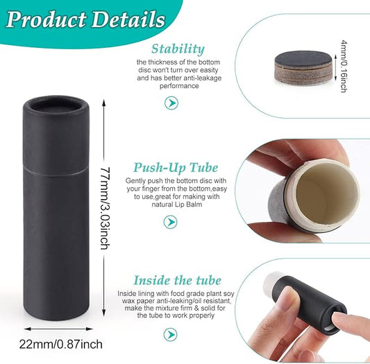 15 Pcs 0.3 oz Paperboard Lip Balm Tubes,Empty Kraft Paper Chapstick Tube Holder,Push-Up Style Biodegradable Solid Perfume Lip Gloss Container for DIY Homemade Balm Container,Natural Packaging- Black