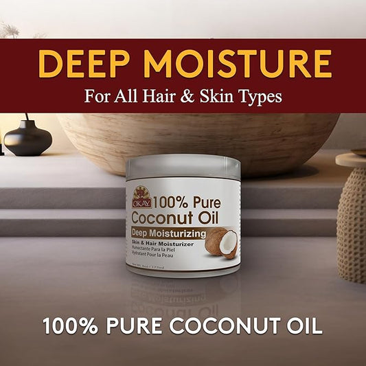 Okay 100% Pure Coconut Oil for Hair & Skin - Coconut Oil for Women & Men, Perfect for Hair & body, Natural Massage Oil & Moisturizer - 6 fl oz Jar (Pack of 1)