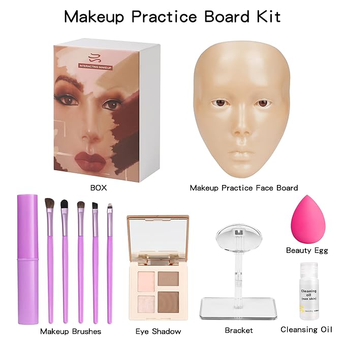Makeup Practice Mannequin Face, 5d Reusable Silicone Makeup Practice Board Full Face with Makeup Brushes Sponge Set and Eyeshadow Board Makeup Kit for Emerging Makeup Artist, Girl's Gift