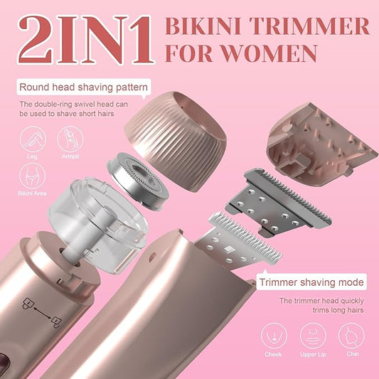 Bikini Trimmer for Women - 2025 New 2-in-1 Dual-Head Electric Shaver,Rechargeable Professional Painless Electric Razors, IPX7 Waterproof Body Hair Trimmer & Facial Hair Remover for Wet & Dry