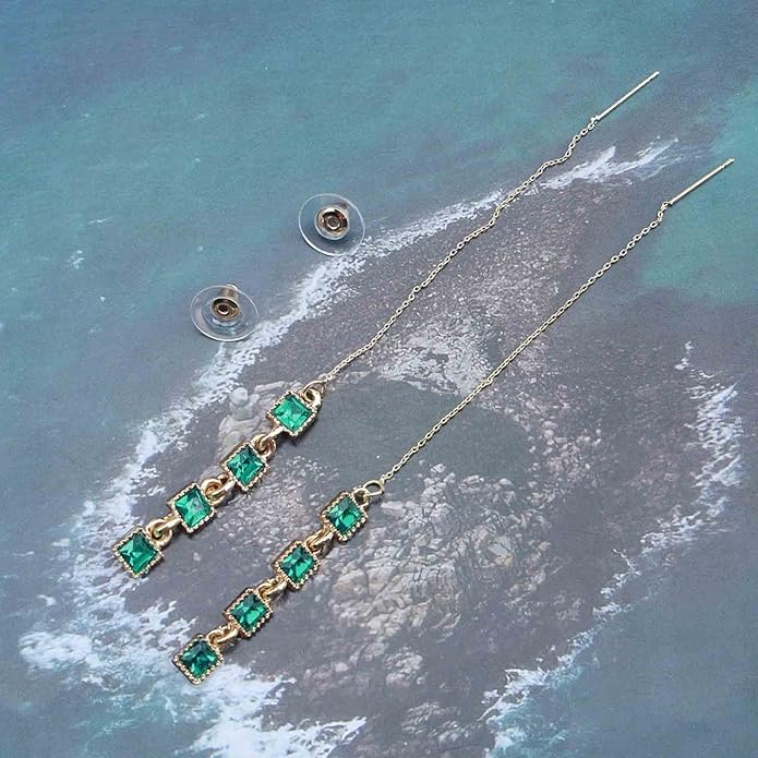 Vintage Emerald Crystal Threader Earrings Green Gem Drop Earrings Emerald Cz Square Earrings Gold Long Emerald Chain Earrings Jewelry for Women