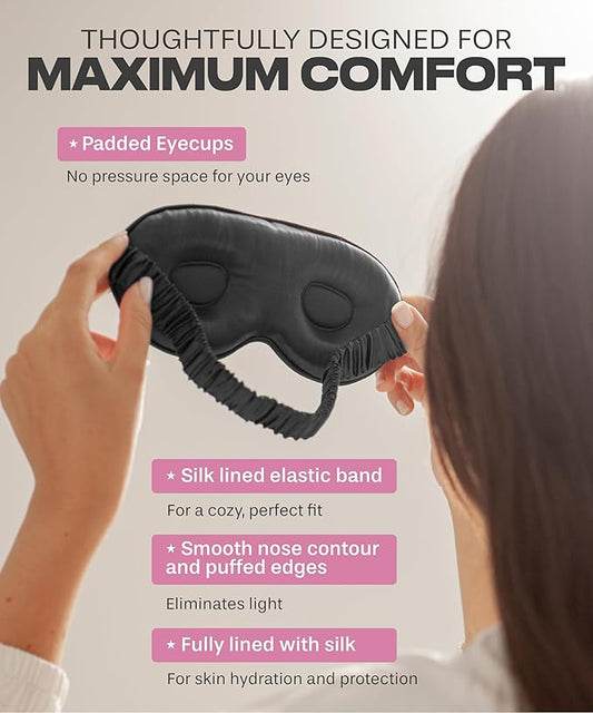 SUNDAYSILKS™ 3D Contoured Silk Sleep Mask | Padded Silk Eye Mask with Eye Cups for Lash Extensions | Blackout, Organic for Women & Men, Perfect for Travel, Slip-Free Deep Sleeping, Antifaz para Dormir