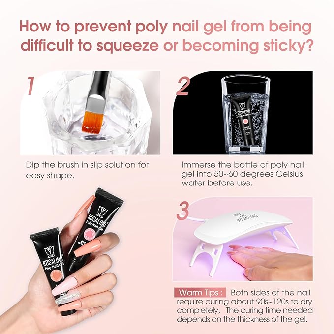 ROSALIND 12PCS Pink Brown Poly Nail Gel Kit with Mini Nail Lamp White Glitter Pink Poly Extension Gel Set